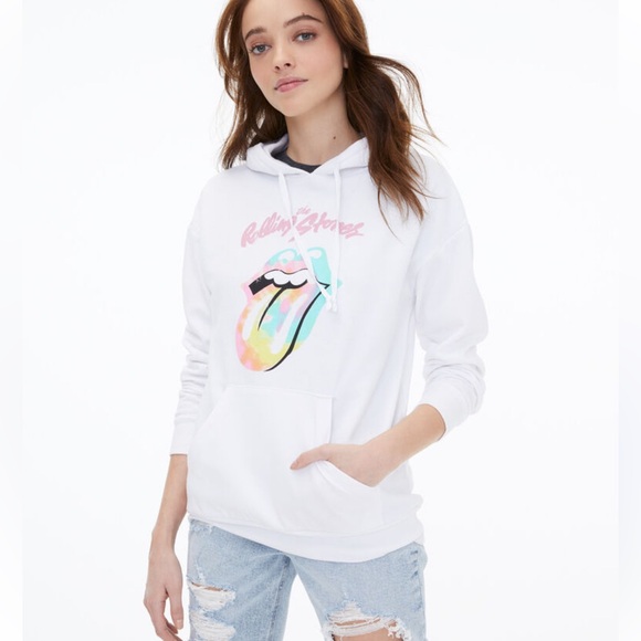 Rolling Stones Women’s L White Hoodie Sweatshirt Tie-Dye Logo - Picture 1 of 5